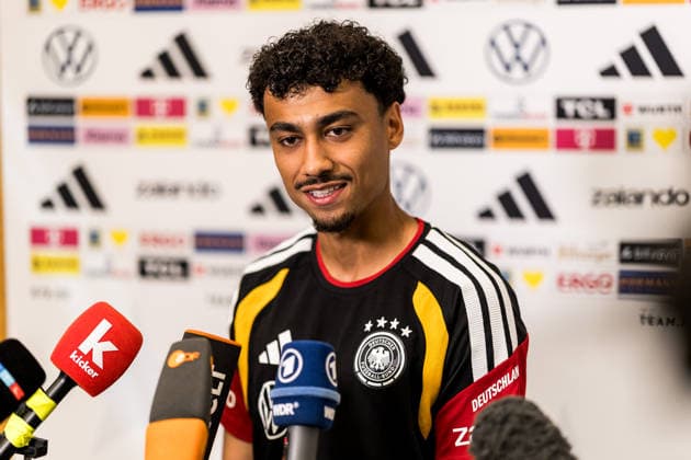 HERZOGENAURACH, GERMANY - MAY 28: Nathaniel Brown (Germany, 18) during a media session during the training camp of Germany to prepare for the FIFA World Cup, WM, Weltmeisterschaft, Fussball 2026 on May 28, 2026 in Herzogenaurach, Germany. Bavaria Germany Copyright: xSteffiexWunderlx