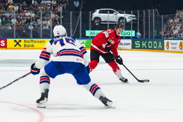 FRIBOURG, FRIBOURG - MAY 28: Macklin Celebrini of Canada scored during the 2026 IIHF World Championship, WM, Weltmeisterschaft quarterfinal match between Canada and the United States at BCF Arena on May 28, 2026 in Fribourg, Fribourg, Switzerland.  Copyright: xLivioxBaeriswylx xSPPx Sportspressphoto_SPR156128