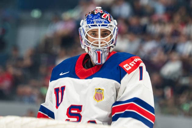 FRIBOURG, FRIBOURG - MAY 28: Devin Cooley of the United States during the 2026 IIHF World Championship, WM, Weltmeisterschaft quarterfinal match between Canada and the United States at BCF Arena on May 28, 2026 in Fribourg, Fribourg, Switzerland.  Copyright: xLivioxBaeriswylx xSPPx Sportspressphoto_SPR156133