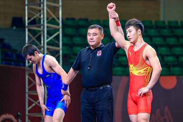 U17 Wrestling Asian Championships 60kg GR Wenshuo Fan CHN df Sadriddin Tulkinboev UZB Copyright: xAmirrezaxAliasgarix xUnitedxWorlx Kadir Caliskan United World Wr