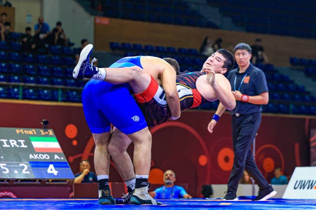 U17 Wrestling Asian Championships 110kg GR Aliakbar Ali Akoo IRI df Arystan Temergali KAZ Copyright: xAmirrezaxAliasgarix xUnitedxWorlx Kadir Caliskan United World Wr
