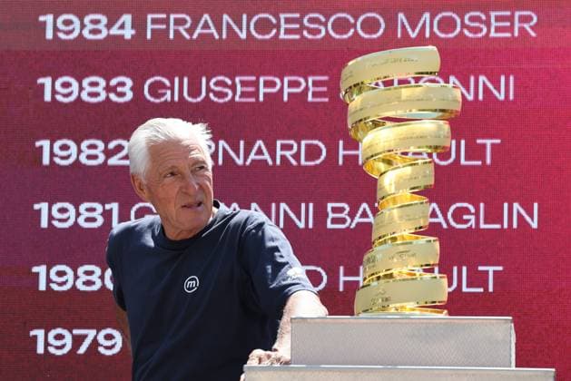 Giro d Italia 2026 UCI Cycling race - Stage 17 Pierre Teyssot MAXPPP ; Giro d Italia 2026 UCI Cycling race - Stage 17. Fai della Paganella, Italy on May 28, 2026. Stage 18h of 171 km from Fai della Paganella to Pieve di Soligo. Francesco Moser close to the Endless Giro d Italia trophy Pierre Teyssot Maxppp Fai della Paganella Trentino South Tyrol Italy  Copyright: xMAXPPPxPierrexTeyssotx TEY35034 TEY35034