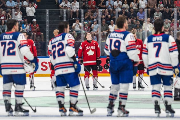 FRIBOURG, FRIBOURG - MAY 28: Macklin Celebrini of Canada reacts following the victory during the 2026 IIHF World Championship, WM, Weltmeisterschaft quarterfinal match between Canada and the United States at BCF Arena on May 28, 2026 in Fribourg, Fribourg, Switzerland.  Copyright: xLivioxBaeriswylx xSPPx Sportspressphoto_SPR156199