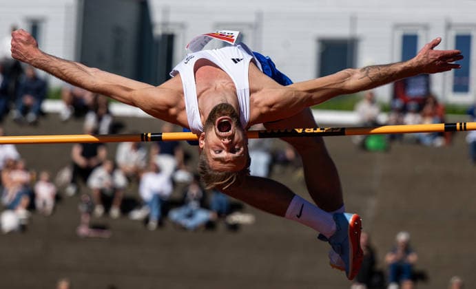 260528 Erlend Bolstad Raa of Norway competes in men™s high jump during the Trond Mohn Games on May 28, 2026 in Bergen Photo Marius Simensen BILDBYRAN COP 238 MM0068 athletics bbeng friidrett friidrott norge norway trond mohn games high jump höjdhopp  Copyright: MARIUSxSIMENSEN BB260528ZI013