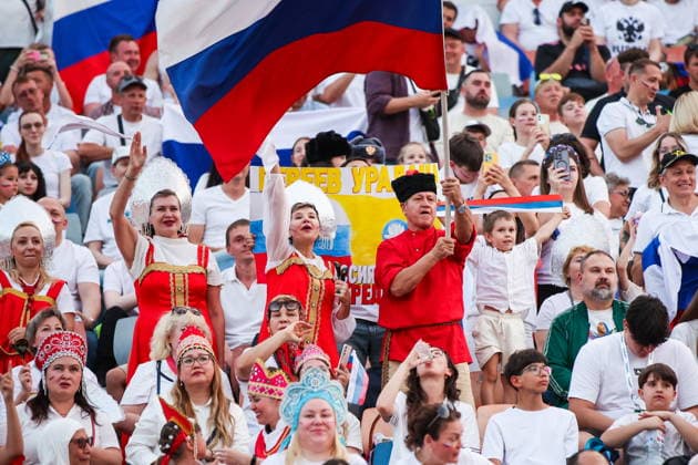 EGYPT, CAIRO - MAY 28, 2026: Russia s fans root for their team in a friendly football match between Egypt and Russia at the Cairo International Stadium. Peter Kovalev TASS  93143417