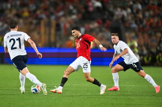 Russia Soccer Friendly Egypt - Russia 9175710 28.05.2026 Russia s Anton Miranchuk, Egypt s Zizo and Russia s Danil Krugovoy struggle for a ball during the friendly soccer match between Egypt and Russia at Cairo International Stadium in Cairo, Egypt. Grigory Sysoev Sputnik Cairo Egypt  Copyright: xGrigoryxSysoevx