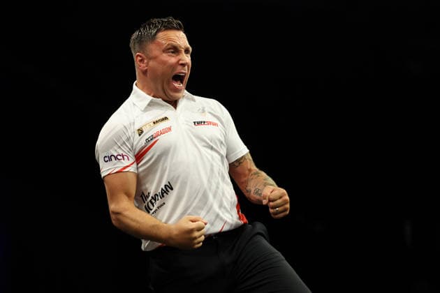 RECORD DATE NOT STATED 28th May 2026, The 02 Arena, London, England; 2026 PDC Bet MGM Premier League Darts Final; Gerwyn Price reacts on the oche during his match against Luke Littler HenningxvonxJagow