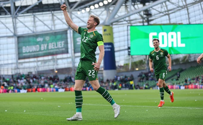 International Friendly, Länderspiel, Nationalmannschaft Aviva Stadium, Dublin 28 5 2026 Republic of Ireland vs Qatar Ireland™s Nathan Collins celebrates scoring his sides first goal Nathan Collins celebrates scoring his sides first goal 28 5 2026  Copyright: x INPHO RyanxByrnex RB2_8153