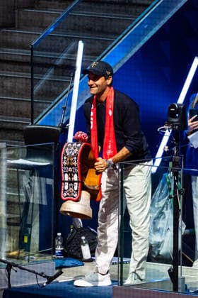 ZURICH, SWITZERLAND - MAY 28: Roger Federer ringing the official Bell during Startceremony of the Quarter Finals - Match 59 between Switzerland and Sweden at the IIHF Ice hockey, Eishockey World Championship, WM, Weltmeisterschaft 2026, Swiss Life Arena on May 28, 2026 in Zurich, Switzerland. Zurich Switzerland Copyright: xTimoxSteinx