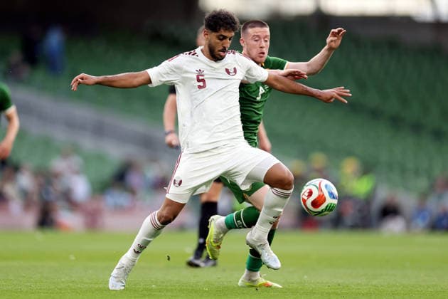 International Friendly, Länderspiel, Nationalmannschaft Aviva Stadium, Dublin 28 5 2026 Republic of Ireland vs Qatar Qatar™s Jassem Gaber and Jack Moylan of Ireland Jassem Gaber and Jack Moylan 28 5 2026  Copyright: x INPHO LaszloxGeczox LG_28-05-2026_009788