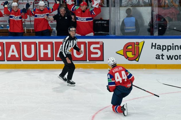 Fribourg, Switzerland - May 28 : Tinus Luc Koblar of Norway celebrates after scoring his team s first goal during the 2026 IIHF Ice hockey, Eishockey World Championship, WM, Weltmeisterschaft Switzerland Quarter Final match between Norway and Latvia at BCF Arena on May 28 , 2026 in Fribourg, Switzerland.  Copyright: xGiuseppexVelletrix Sportspressphoto_SPR156354
