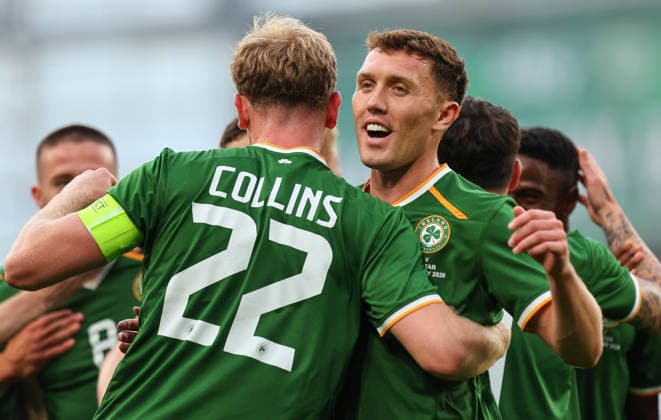 International Friendly, Länderspiel, Nationalmannschaft Aviva Stadium, Dublin 28 5 2026 Republic of Ireland vs Qatar Ireland™s Nathan Collins celebrates scoring his sides first goal with Dara O Shea Nathan Collins celebrates scoring his sides first goal with Dara O Shea 28 5 2026  Copyright: x INPHO RyanxByrnex RB1_5648