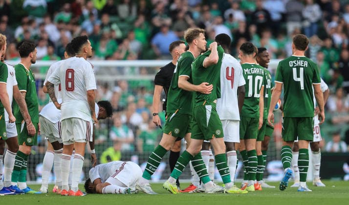 International Friendly, Länderspiel, Nationalmannschaft Aviva Stadium, Dublin 28 5 2026 Republic of Ireland vs Qatar Ireland™s Jack Moylan leaves the field after being shown a red card Jack Moylan leaves the field after being shown a red card 28 5 2026  Copyright: x INPHO BryanxKeanex BK1_9977