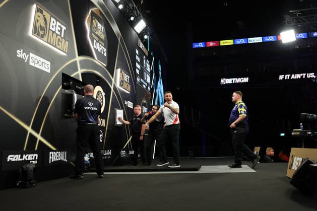 RECORD DATE NOT STATED 28th May 2026, The 02 Arena, London, England; 2026 PDC Bet MGM Premier League Darts Final; Gerwyn Price reacts on the oche during his match against Luke Littler HenningxvonxJagow