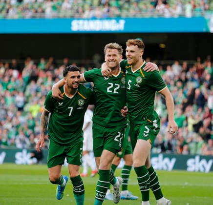 RECORD DATE NOT STATED 28th May 2026; Aviva Stadium, Dublin, Ireland; International Friendly, Länderspiel, Nationalmannschaft Football, Republic of Ireland versus Qatar; Nathan Collins of Ireland celebrates scoring in the 4th minute 1 - 0 PeterxFitzpatrick