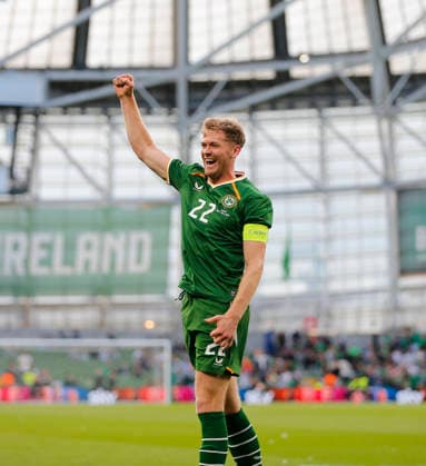 RECORD DATE NOT STATED 28th May 2026; Aviva Stadium, Dublin, Ireland; International Friendly, Länderspiel, Nationalmannschaft Football, Republic of Ireland versus Qatar; Nathan Collins of Ireland celebrates scoring in the 4th minute 1 - 0 PeterxFitzpatrick