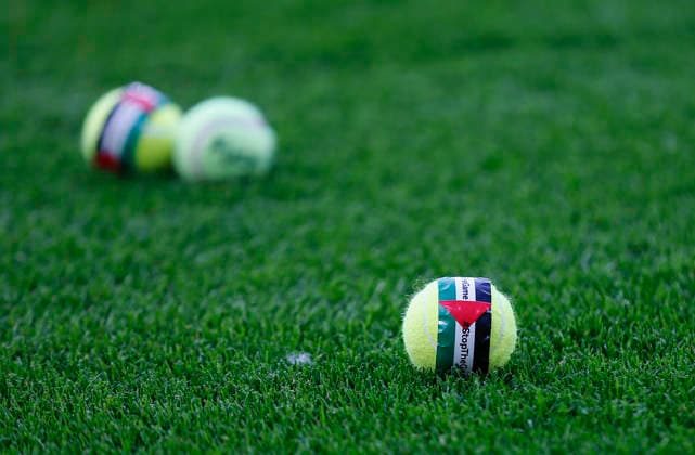RECORD DATE NOT STATED 28th May 2026; Aviva Stadium, Dublin, Ireland; International Friendly, Länderspiel, Nationalmannschaft Football, Republic of Ireland versus Qatar; Tennis balls are thrown onto the pitch during play that say Stop the game PeterxFitzpatrick
