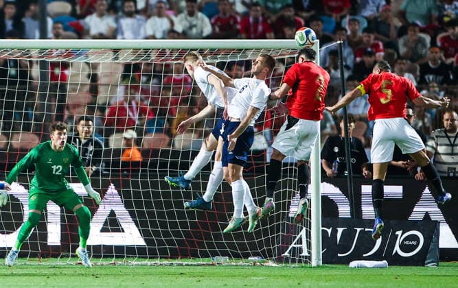 EGYPT, CAIRO - MAY 28, 2026: Russia s goalkeeper Stanislav Agkatsev, Alexei Batrakov, Dmitry Barinov and Egypt s Yasser Ibrahim, Ramy Rabia (L-R) in action in a friendly football match between Egypt and Russia at the Cairo International Stadium Friendly Football Match: Egypt Vs Russia  - ZUMAt113 20260528_zaa_t113_908 Copyright: xPeterxKovalevx