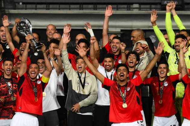 Egypt Soccer Friendly Egypt - Russia 9175835 28.05.2026 Egypt s players celebrate the team s victory in the friendly soccer match between Egypt and Russia at Cairo International Stadium in Cairo, Egypt. Grigory Sysoev Sputnik Cairo Egypt  Copyright: xGrigoryxSysoevx