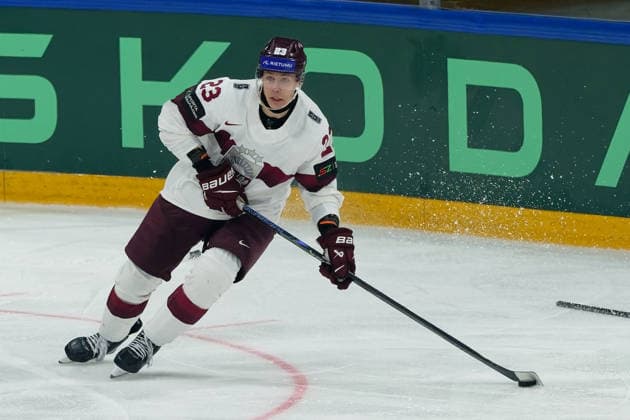 Fribourg, Switzerland - May 28 : Sandis Vilmanis of Latvia in action (close up) during the 2026 IIHF Ice hockey, Eishockey World Championship, WM, Weltmeisterschaft Switzerland Quarter Final match between Norway and Latvia at BCF Arena on May 28 , 2026 in Fribourg, Switzerland.  Copyright: xGiuseppexVelletrix Sportspressphoto_SPR156406