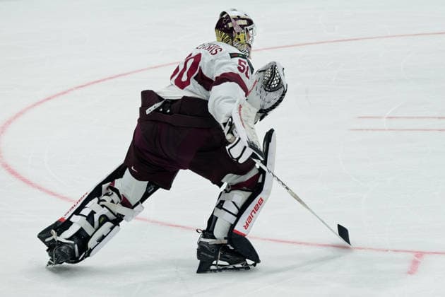 Fribourg, Switzerland - May 28 : Kristers Gudlevskis of Latvia leaves the pitch to have one more players for Latvia during the 2026 IIHF Ice hockey, Eishockey World Championship, WM, Weltmeisterschaft Switzerland Quarter Final match between Norway and Latvia at BCF Arena on May 28 , 2026 in Fribourg, Switzerland.  Copyright: xGiuseppexVelletrix Sportspressphoto_SPR156422