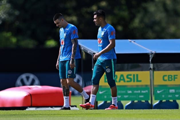 28th May 2026; Teresopolis, Brazil: Roger Ibanez and Casemiro of Brazil during a training session at the Granja Comary training center in Teresopolis, Rio de Janeiro, Brazil, on May 28, 2026, ahead of the FIFA World Cup, WM, Weltmeisterschaft, Fussball 2026 HeulerxAndrey