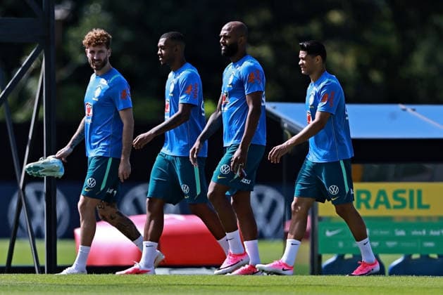 28th May 2026; Teresopolis, Brazil: (L-R) Leo Pereira, Rayan, Igor Thiago and Douglas Santos of Brazil during a training session at the Granja Comary training center in Teresopolis, Rio de Janeiro, Brazil, on May 28, 2026, ahead of the FIFA World Cup, WM, Weltmeisterschaft, Fussball 2026 HeulerxAndrey