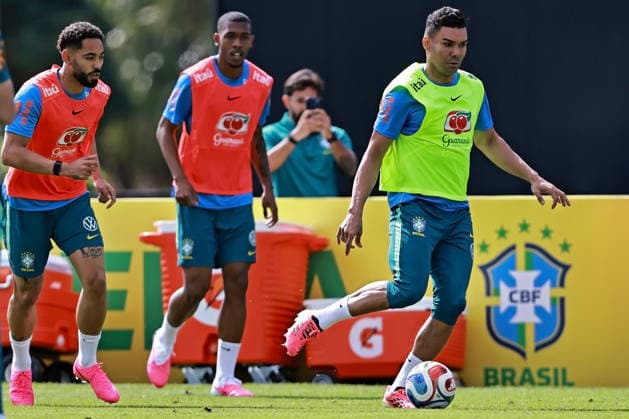 28th May 2026; Teresopolis, Brazil: Matheus Cunha and Casemiro of Brazil during a training session at the Granja Comary training center in Teresopolis, Rio de Janeiro, Brazil, on May 28, 2026, ahead of the FIFA World Cup, WM, Weltmeisterschaft, Fussball 2026 HeulerxAndrey