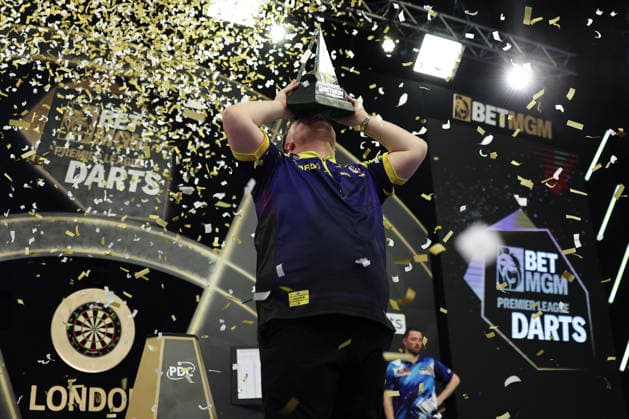 RECORD DATE NOT STATED 28th May 2026, The 02 Arena, London, England; 2026 PDC Bet MGM Premier League Darts Final; Luke Littler lifts the trophy after winning the final against Luke Humphries HenningxvonxJagow