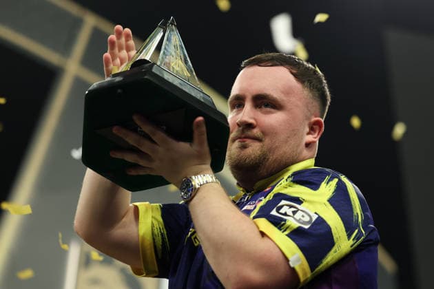 RECORD DATE NOT STATED 28th May 2026, The 02 Arena, London, England; 2026 PDC Bet MGM Premier League Darts Final; Luke Littler lifts the trophy after winning the final against Luke Humphries HenningxvonxJagow