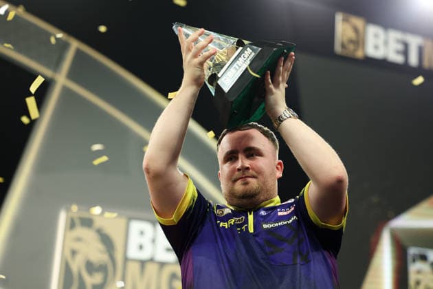 RECORD DATE NOT STATED 28th May 2026, The 02 Arena, London, England; 2026 PDC Bet MGM Premier League Darts Final; Luke Littler lifts the trophy after winning the final against Luke Humphries HenningxvonxJagow