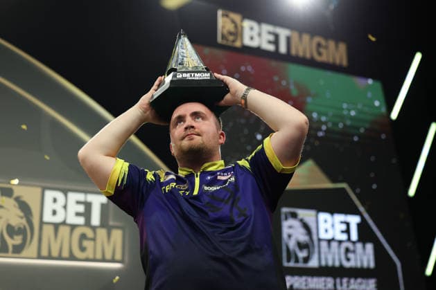 RECORD DATE NOT STATED 28th May 2026, The 02 Arena, London, England; 2026 PDC Bet MGM Premier League Darts Final; Luke Littler lifts the trophy after winning the final against Luke Humphries HenningxvonxJagow