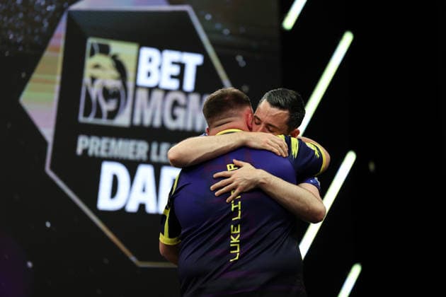 RECORD DATE NOT STATED 28th May 2026, The 02 Arena, London, England; 2026 PDC Bet MGM Premier League Darts Final; Luke Humphries and Luke Littler shake hands after the final HenningxvonxJagow