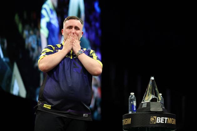 RECORD DATE NOT STATED 28th May 2026, The 02 Arena, London, England; 2026 PDC Bet MGM Premier League Darts Final; Luke Littler reacts after winning the final against Luke Humphries HenningxvonxJagow