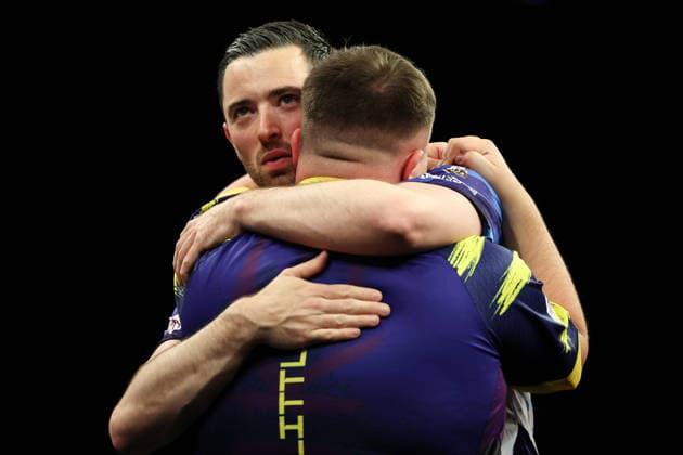 RECORD DATE NOT STATED 28th May 2026, The 02 Arena, London, England; 2026 PDC Bet MGM Premier League Darts Final; Luke Humphries and Luke Littler shake hands after the final HenningxvonxJagow