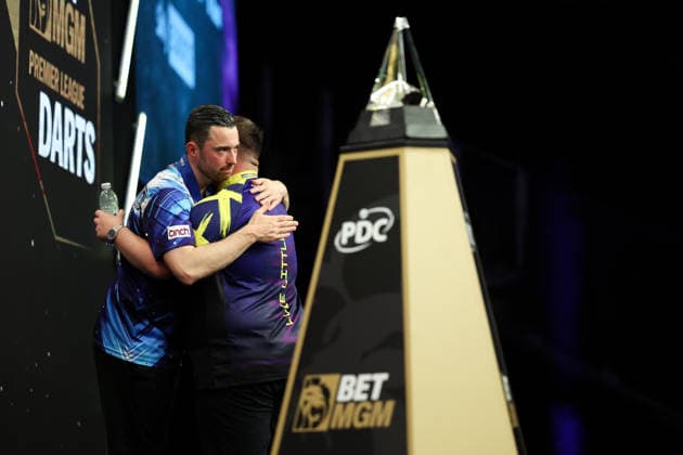 RECORD DATE NOT STATED 28th May 2026, The 02 Arena, London, England; 2026 PDC Bet MGM Premier League Darts Final; Luke Humphries and Luke Littler shake hands after the final HenningxvonxJagow