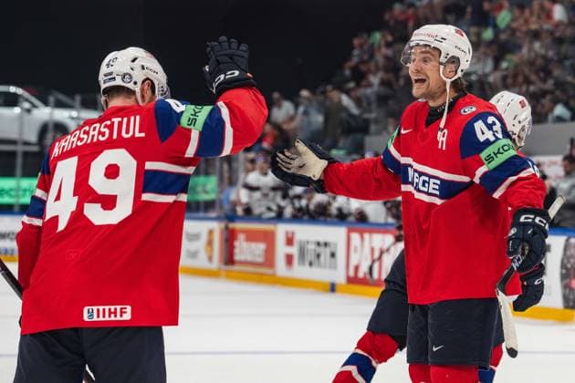 FRIBOURG, FRIBOURG - MAY 28: Christian Kaasastul and Max Krogdahl of Norway during the 2026 IIHF World Championship, WM, Weltmeisterschaft match between Norway and Latvia at BCF Arena on May 28, 2026 in Fribourg, Fribourg, Switzerland.  Copyright: xLivioxBaeriswylx xSPPx Sportspressphoto_SPR156452