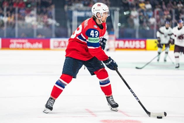 FRIBOURG, FRIBOURG - MAY 28: Max Krogdahl of Norway during the 2026 IIHF World Championship, WM, Weltmeisterschaft match between Norway and Latvia at BCF Arena on May 28, 2026 in Fribourg, Fribourg, Switzerland.  Copyright: xLivioxBaeriswylx xSPPx Sportspressphoto_SPR156471