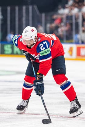 FRIBOURG, FRIBOURG - MAY 28: Andreas Martinsen of Norway during the 2026 IIHF World Championship, WM, Weltmeisterschaft match between Norway and Latvia at BCF Arena on May 28, 2026 in Fribourg, Fribourg, Switzerland.  Copyright: xLivioxBaeriswylx xSPPx Sportspressphoto_SPR156472