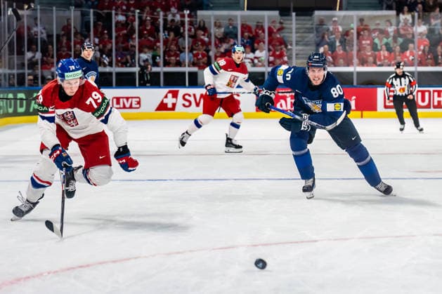 xxkeikkaxx 20260528 Swiss Life Arena, Zurich, Switzerland. IIHF Ice hockey, Eishockey World Championships Quarterfinal match Finland vs Czechia Tomas Galvas (79) of Team Czechia Saku Mäenalanen (80) of Team Finland Photo by Pasi Suokko All Over Press  1.06236766