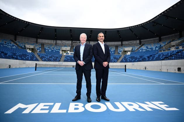 TENNIS AUSTRALIA ANDREW ABDO, Incoming Tennis Australia CEO Andrew Abdo (right) and outgoing Tennis Australia CEO Craig Tiley and pose for a photo during a Tennis Australia press conference, PK, Pressekonferenz at KIA Arena, in Melbourne, Friday, May 29, 2026. ( NO ARCHIVING MELBOURNE VICTORIA AUSTRALIA  Copyright: xJOELxCARRETTx 20260529139406459321