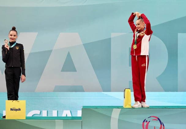 BULGARIA, VARNA - MAY 29, 2026: Silver medalist Sofia Krainska (L) of Ukraine and gold medalist Yana Zaikina of Russia pose during a victory ceremony at the 2026 European Rhythmic gymnastics, Rhythmische Sportgymnastik, RSG Championships. Russia s national team, Nationalteam is performing under the Russian flag and anthem. Igor Lenkin TASS  93157399