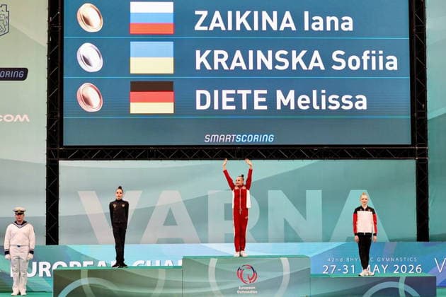 BULGARIA, VARNA - MAY 29, 2026: Silver medalist Sofia Krainska of Ukraine, gold medalist Yana Zaikina of Russia, and bronze medalist Melissa Diete (L-R) of Germany pose during a victory ceremony at the 2026 European Rhythmic gymnastics, Rhythmische Sportgymnastik, RSG Championships. Russia s national team, Nationalteam is performing under the Russian flag and anthem. Igor Lenkin TASS  93157429