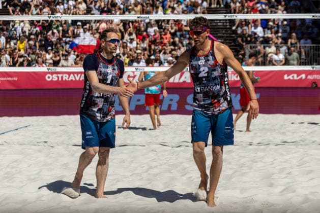 L-R Ondrej Perusic and Jiri Sedlak (CZE) during the match Jiri Sedlak and Ondrej Perusic from Czech Republic vs Teo Rotar and Arnaud Gauthier-Rat from France at the Pro Tour, Beach volleyball, Beachvolleyball tournament of Elite category, Ostrava, Czech Republic, May 29, 2026. (CTKxPhoto VladimirxPrycek) CTKPhotoP2026052902874  CTKPhotoP2026052902874