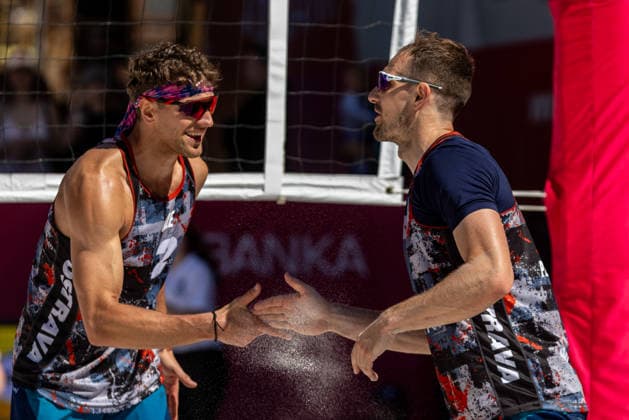 L-R Jiri Sedlak and Ondrej Perusic (CZE) during the match Jiri Sedlak and Ondrej Perusic from Czech Republic vs Teo Rotar and Arnaud Gauthier-Rat from France at the Pro Tour, Beach volleyball, Beachvolleyball tournament of Elite category, Ostrava, Czech Republic, May 29, 2026. (CTKxPhoto VladimirxPrycek) CTKPhotoP2026052902913  CTKPhotoP2026052902913