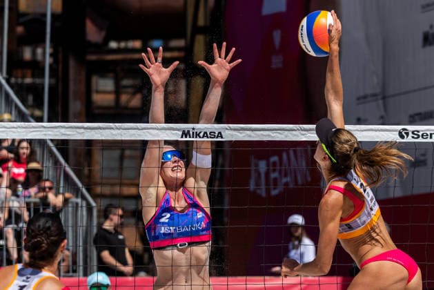 L-R Marie-Sara Stochlova (CZE) and Tania Moreno Matveeva (ESP) during the match Marketa Svozilova and Marie-Sara Stochlova from Czech Republic vs Sofia Izuzquiza Corulla and Tania Moreno Matveeva from Spain at the Pro Tour, Beach volleyball, Beachvolleyball tournament of Elite category, Ostrava, Czech Republic, May 29, 2026. (CTKxPhoto VladimirxPrycek) CTKPhotoP2026052903527  CTKPhotoP2026052903527