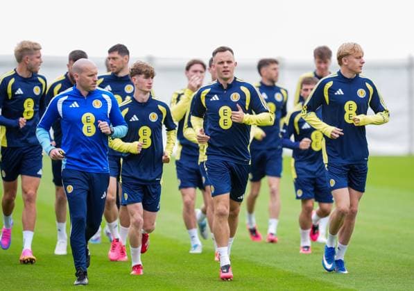 Lawrence Shankland of Scotland runs at the front of the squad as they run a lap of the Lesser Hampden pitch Scotland Team Training, Football, Hampden Park, Glasgow, Scotland, UK - 29 May 2026Glasgow Hampden Park United Kingdom EDITORIAL USE ONLY No use with unauthorised audio, video, data, fixture lists, club league logos or live services. Online in-match use limited to 120 images, no video emulation. No use in betting, games or single club league player publications.  Copyright: xStuartxWallace Shutterstockx 16902976ba
