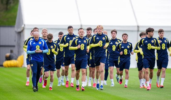 Lawrence Shankland of Scotland runs at the front of the squad as they run a lap of the Lesser Hampden pitch Scotland Team Training, Football, Hampden Park, Glasgow, Scotland, UK - 29 May 2026Glasgow Hampden Park United Kingdom EDITORIAL USE ONLY No use with unauthorised audio, video, data, fixture lists, club league logos or live services. Online in-match use limited to 120 images, no video emulation. No use in betting, games or single club league player publications.  Copyright: xStuartxWallace Shutterstockx 16902976bc