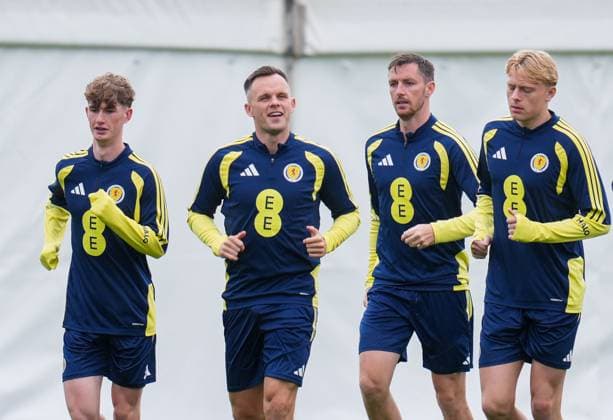 Lawrence Shankland of Scotland runs at the front of the squad, flanked by James Wilson, Dominic Hyam & Luke Graham as they run a lap of the Lesser Hampden pitch Scotland Team Training, Football, Hampden Park, Glasgow, Scotland, UK - 29 May 2026Glasgow Hampden Park United Kingdom EDITORIAL USE ONLY No use with unauthorised audio, video, data, fixture lists, club league logos or live services. Online in-match use limited to 120 images, no video emulation. No use in betting, games or single club league player publications.  Copyright: xStuartxWallace Shutterstockx 16902976bg