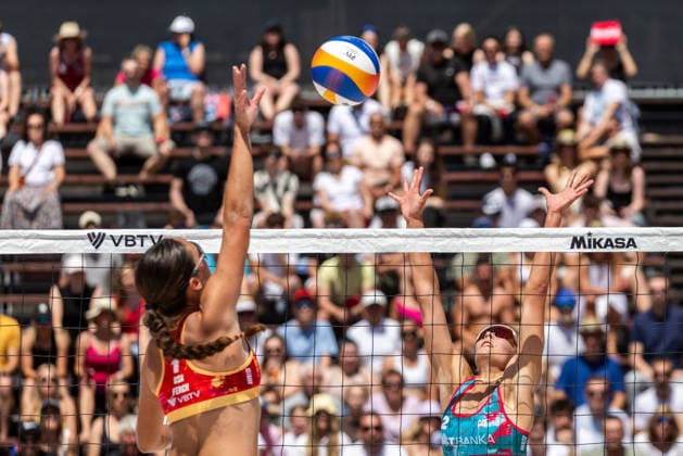 L-R Piper Ferch (USA) and Veronika Kleiblova (CZE) during the match Valerie Dvornikova and Veronika Kleiblova from Czech Republic vs Piper Ferch and Teegan Van Gunst from USA at the Pro Tour, Beach volleyball, Beachvolleyball tournament of Elite category, Ostrava, Czech Republic, May 29, 2026. (CTKxPhoto VladimirxPrycek) CTKPhotoP2026052904396  CTKPhotoP2026052904396